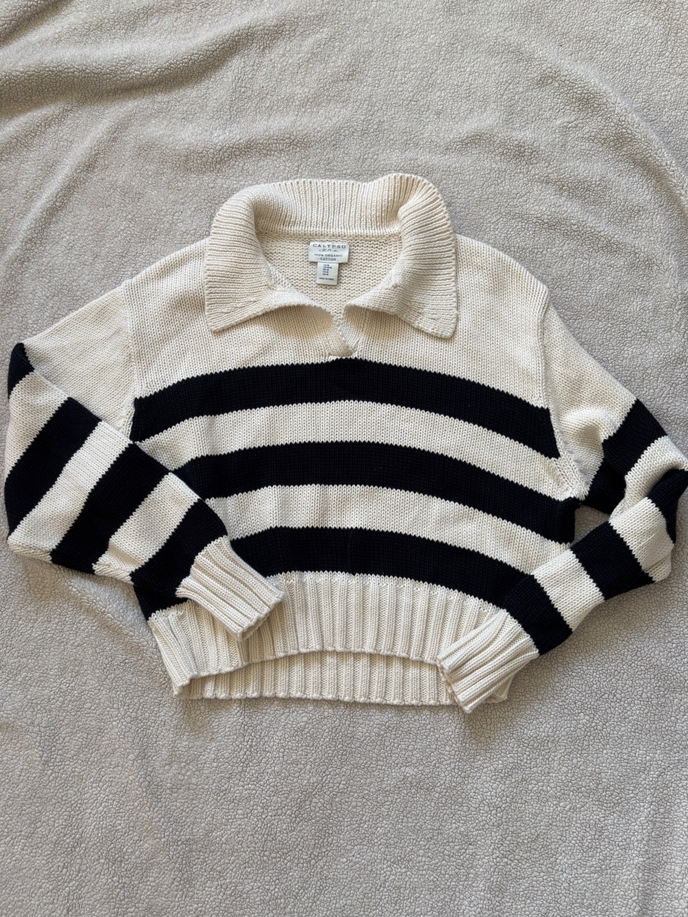 Calypso 100% Organic Cotton Cream and Black Striped Collared Knit Sweater